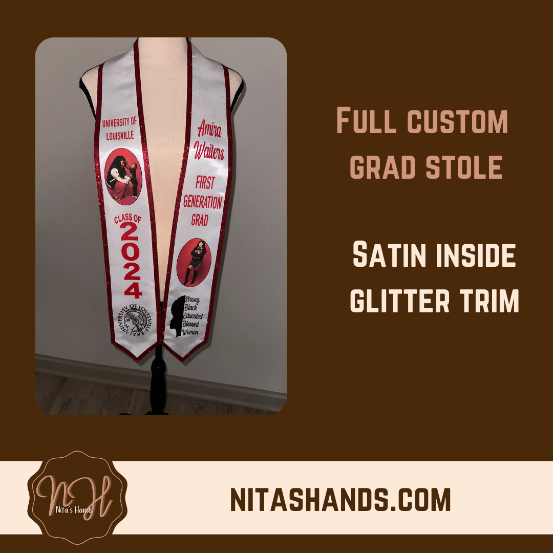 CLICK ITEM & FILL OUT FORM BEFORE ADDING TO CART • Graduation Stole Satin Inside/Glitter Trim