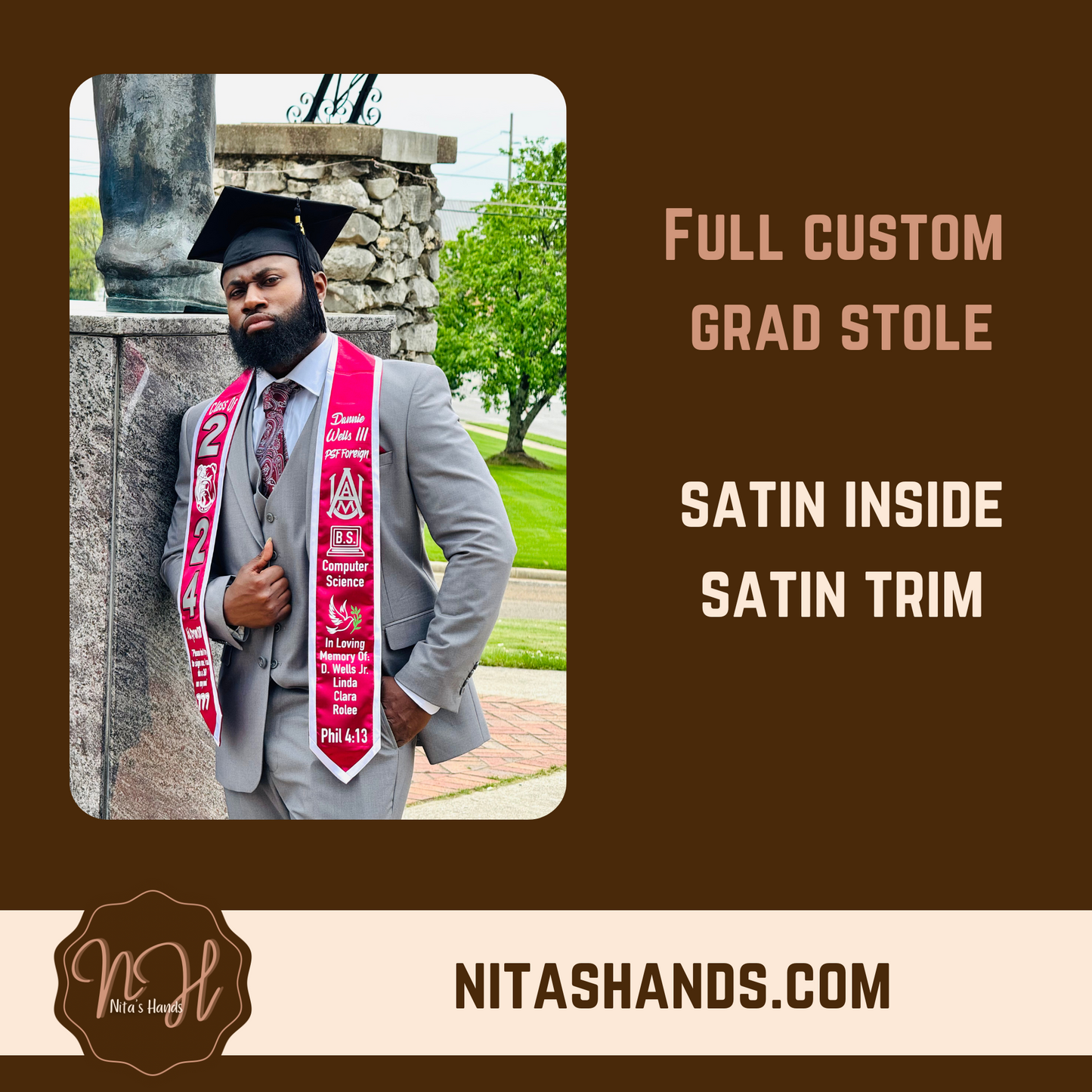 CLICK ITEM & FILL OUT FORM BEFORE ADDING TO CART • Graduation Stole Satin Inside/Trim