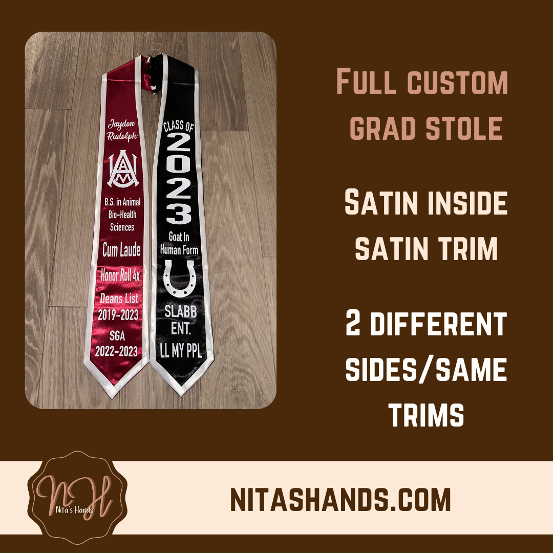 CLICK ITEM & FILL OUT FORM BEFORE ADDING TO CART • Graduation Stole Satin 2 Color Bases/Same Color Trims